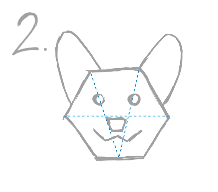 目とマズルのバランスは逆3角形でとる
6角形の青い点2か所のと下の点一か所を結んでできた
逆三角形をベースに鼻や目を描き込むとバランスよく見えます。