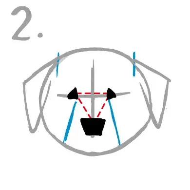 マズルは目を基準に描きこむ
目は三角形で大きめの鼻を十字の線を
基準に逆三角形をベースに
（右画像を参照）配置いたします。

口もとは目から顔の下部分まで青線の様に線を両方に引いていきます。

耳は三角形で頭頂部は平行気味に描きますとよりらしく見えます。