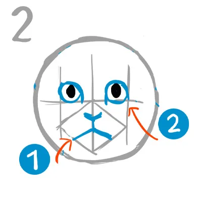 ２．鼻と口は「Y」ベースに
次に鼻は英語の「Y」をベースに描きこみます。口は「Y」をひっくり返し二股に分かれている部分の幅を広くしたものを描きこみます。

目はアーモンド形でしるし線の中に納まるよう描きこみます。