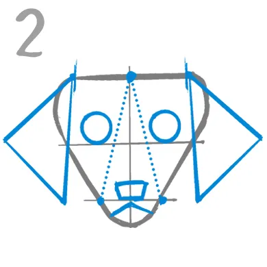 ２．耳は大きな三角形をベースに
目は丸形をベースのオリーブ型で大きめ
鼻は三角形アタリの底辺に描きこみます。
基準に逆三角形をベースに
目と耳は（右画像を参照）配置いたします。
両目の間隔は少し開き気味にすると、よりダックスフンドらしく見えます。