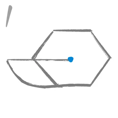 １．六角形とカタカナの「フ」の形がベース
横顔は六角形をベースに、その中心を軸にカタカナの「フ」を反転した形を描きこみます。